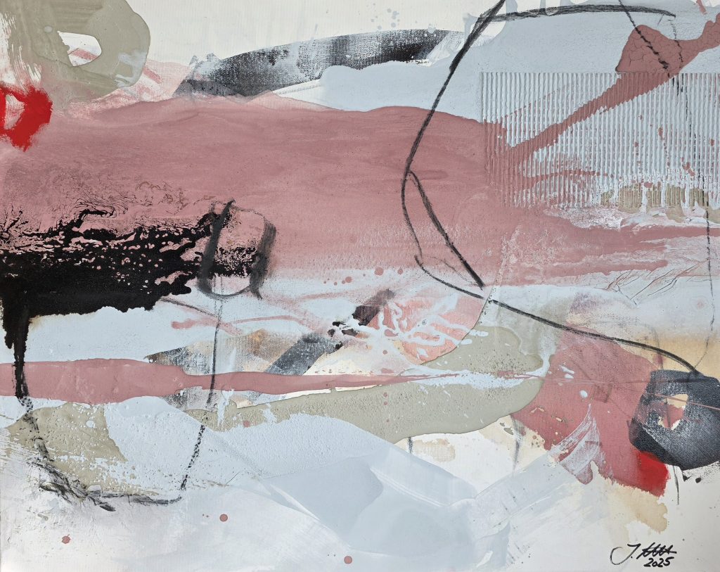 An abstract painting with soft pink grey and black brush strokes featuring layered textures and lines