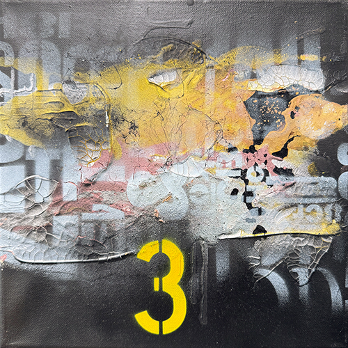 Abstract artwork featuring vibrant yellow orange and gray textures with a prominent number 3
