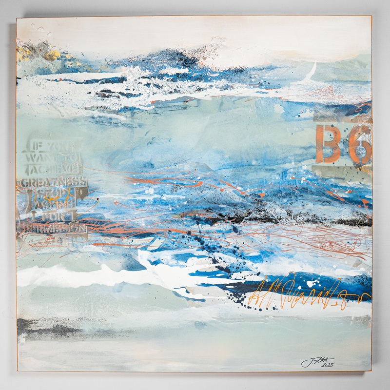 Abstract coastal painting with blue waves and splashes featuring subtle orange lines and a B6 mark on the right