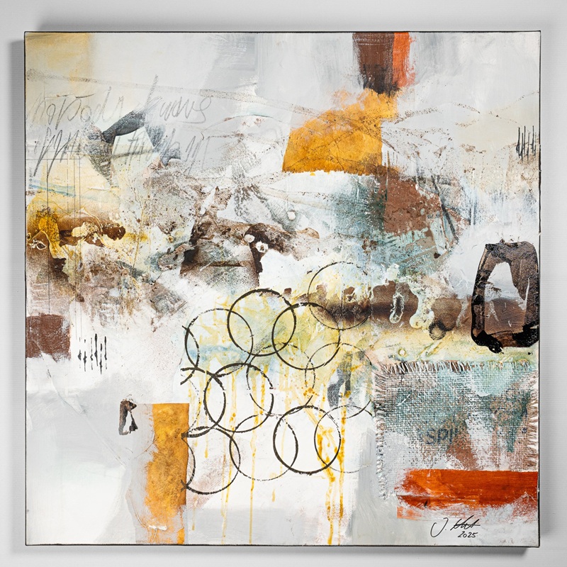 Abstract mixed media painting with overlapping circle outlines and orangeyellow blocks on a pale textured background