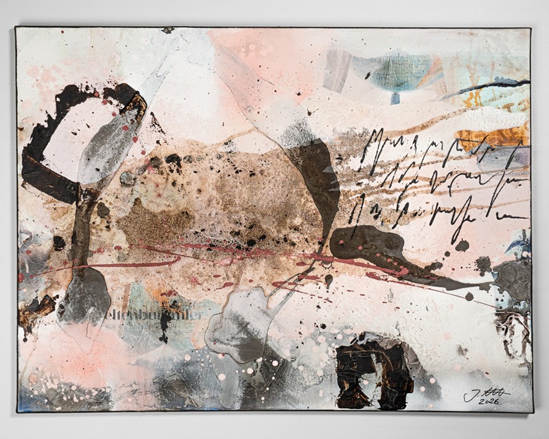 Abstract mixed media painting with pink beige and black splashes textured shapes and cursive marks on the right side
