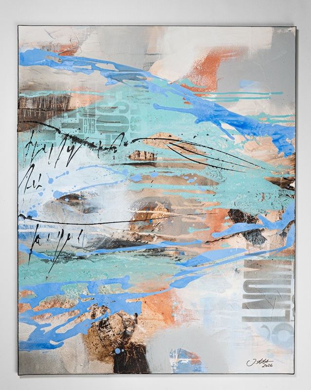 Abstract painting with teal blue and orange brushstrokes plus black scribbles on a light gray background