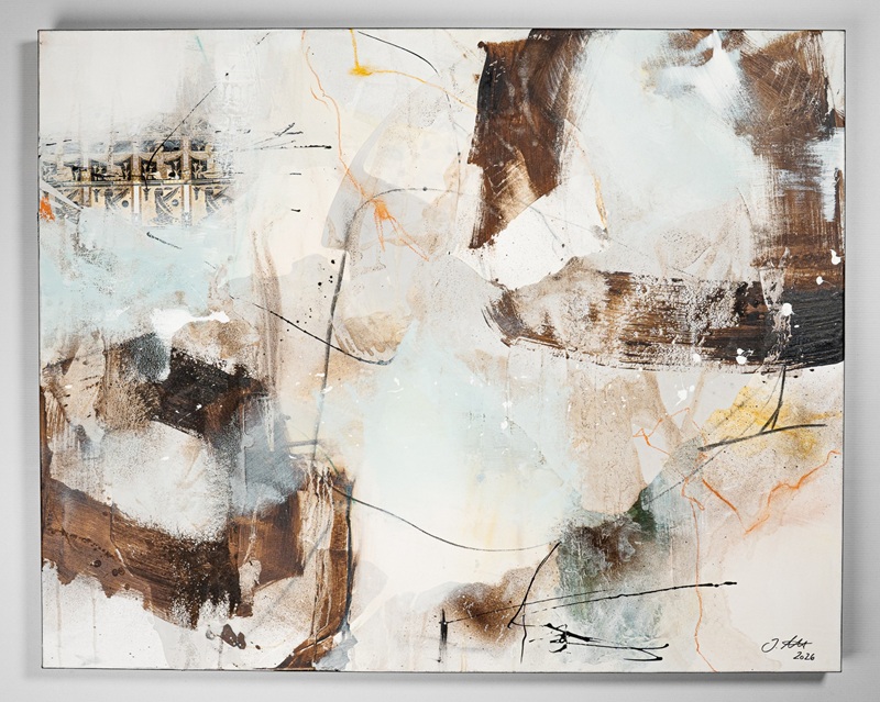Abstract mixed media painting with brown cream and pale blue tones and sweeping dark lines for texture and movement 2016 signature visible in corner
