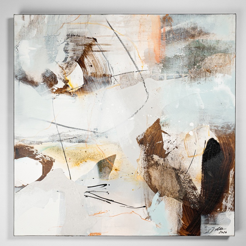 Abstract mixedmedia painting with pale blues browns and white shapes textured brushstrokes and curved lines